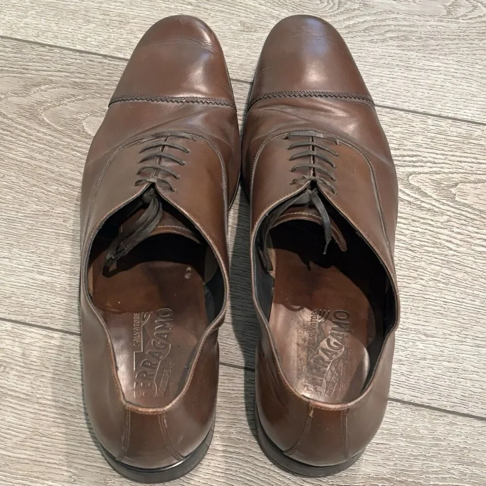 Salvatore Ferragamo Mens Size 13 Brown‎ Oxford Leather Lace Up Dress Shoes